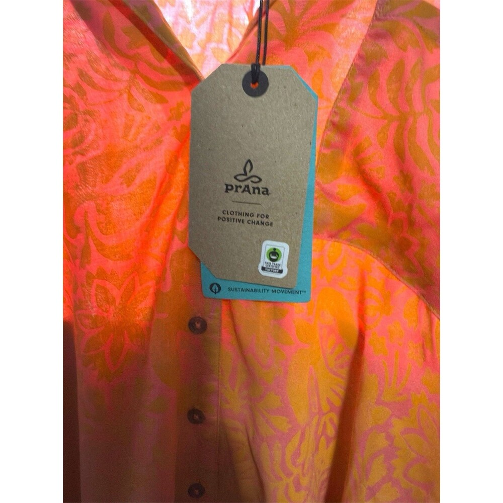 prAna Iguala Top Women’s XL NWT Orange Coral Floral Button Front - Picture 6 of 7